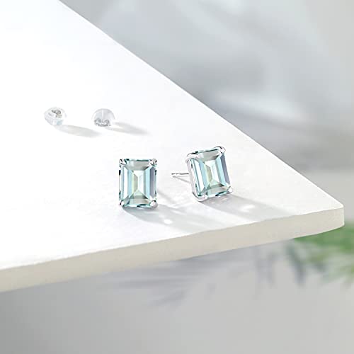 Gem Stone King 14K White Gold Gemstone Birthstone Stud Earrings | Emerald Cut 10X8MM | Gold Earrings for Women