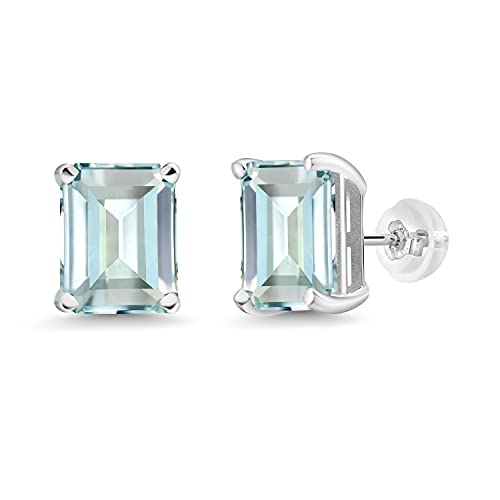 Gem Stone King 14K White Gold Gemstone Birthstone Stud Earrings | Emerald Cut 10X8MM | Gold Earrings for Women