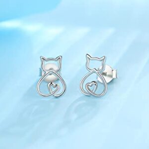 INFUSEU Small Cat Earrings for Women Teen 925 Sterling Silver Cute Kitty Kitten Animal Ear Studs Tiny Jewelry