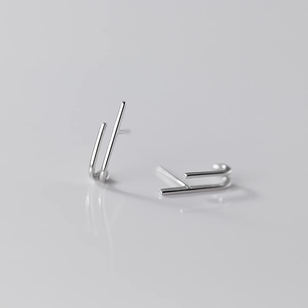 Reffeer Solid 925 Sterling Silver Bar Huggie Stud Earrings Hoops for Women Bar Half Hoop Earrings Open Hoops (A-Silver)