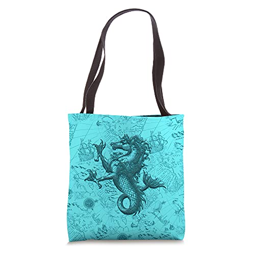 Nautical map retro style seahorse Tote Bag