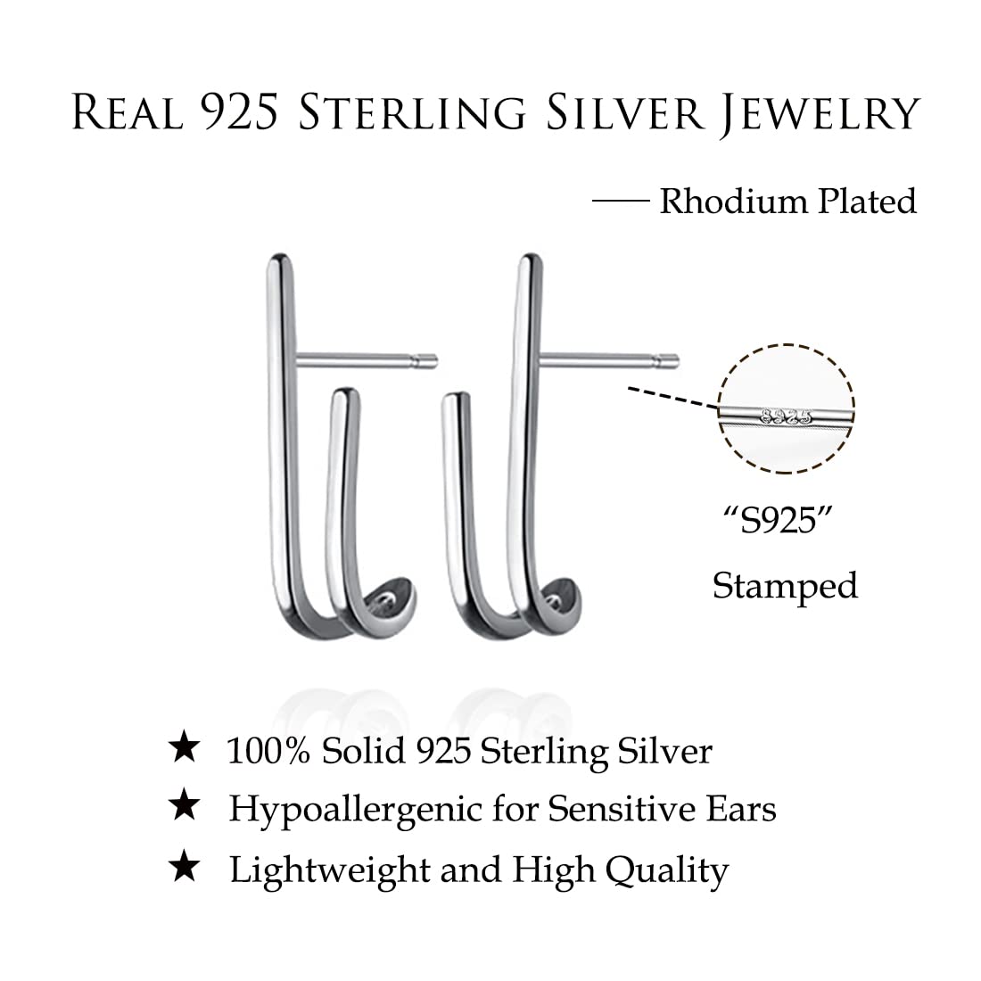 Reffeer Solid 925 Sterling Silver Bar Huggie Stud Earrings Hoops for Women Bar Half Hoop Earrings Open Hoops (A-Silver)