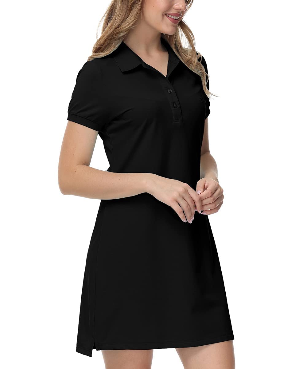 JINSHI Women’s Golf Dress Quick Dry Short Sleeve Polo Dress Tennis/Workout/Sport Dress Black Medium