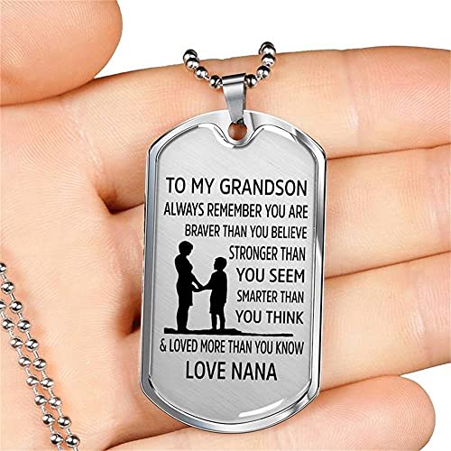 COMTRUDE From Nana to Grandson Stainless Steel Dog Tag Necklace, Always Remember You are Braver Pendant Necklace