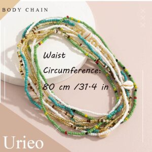 Urieo African Shell Elastic Waist Beads Chain Colorful African Stretchy Belly Bead Layered Beaded Bikini Beach Party Waist Chains Body Jewelry for Women(Pack of 4)