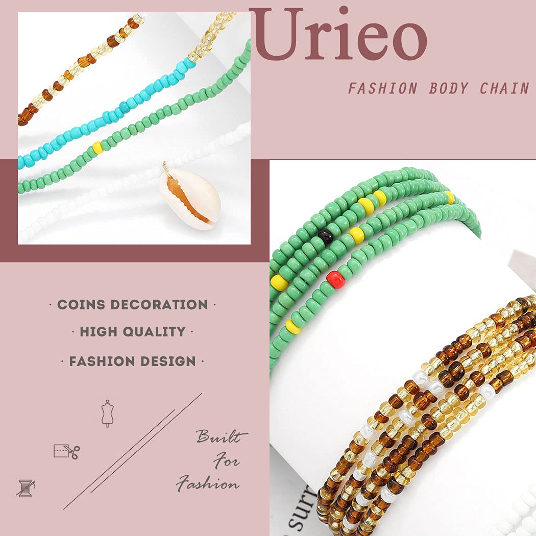 Urieo African Shell Elastic Waist Beads Chain Colorful African Stretchy Belly Bead Layered Beaded Bikini Beach Party Waist Chains Body Jewelry for Women(Pack of 4)