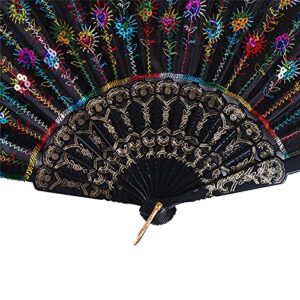 DUO ER Fan Peacock Pattern Folding Hand Held Embroidered Sequin Gift Fan (Color : E, Fan Size : 9.5 inches)