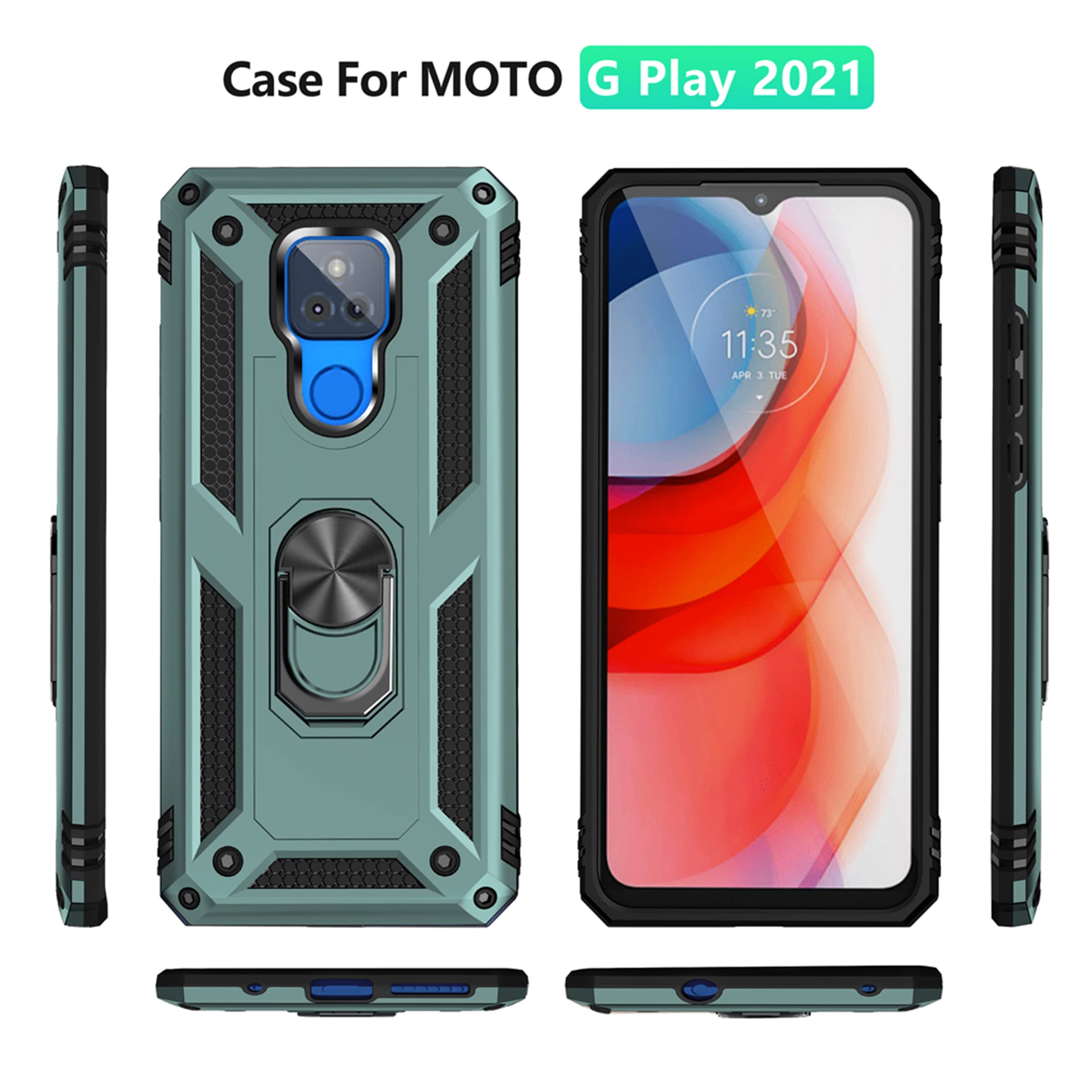 YZOK Compatible with Moto G Play Case,with HD Screen Protector,[Military Grade] Ring Car Mount Kickstand Hybrid Hard PC Soft TPU Shockproof Protective Case for Motorola G Play 2021 (Dark Green)