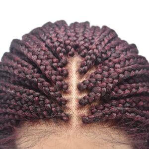 Curve Hair 3“X3.8 Realistic Hand Tied Lace Front Box Braids Glueless Wig for Women Premium Quality Synthetic Lightweight Twist BOB Braided Wigs with Baby Hair Black Mix Wine Red Color (#1B/99JT)