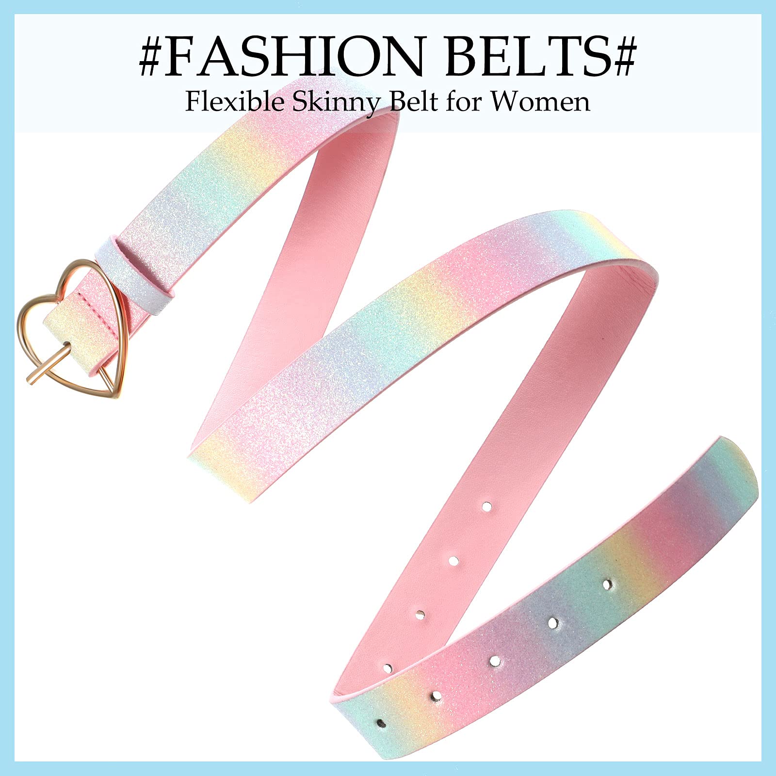 SATINIOR Rainbow Belt PU Leather Waist Belt Women Girls Glitter Belt with Heart Buckle Adjustable Shiny Dress Belt for Jeans Dress