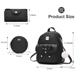 Aogist Mini Leather Backpack Purse 3-Pieces Fashion Bowknot Zipper Bags Cute Casual Travel Daypacks for Women (Black)