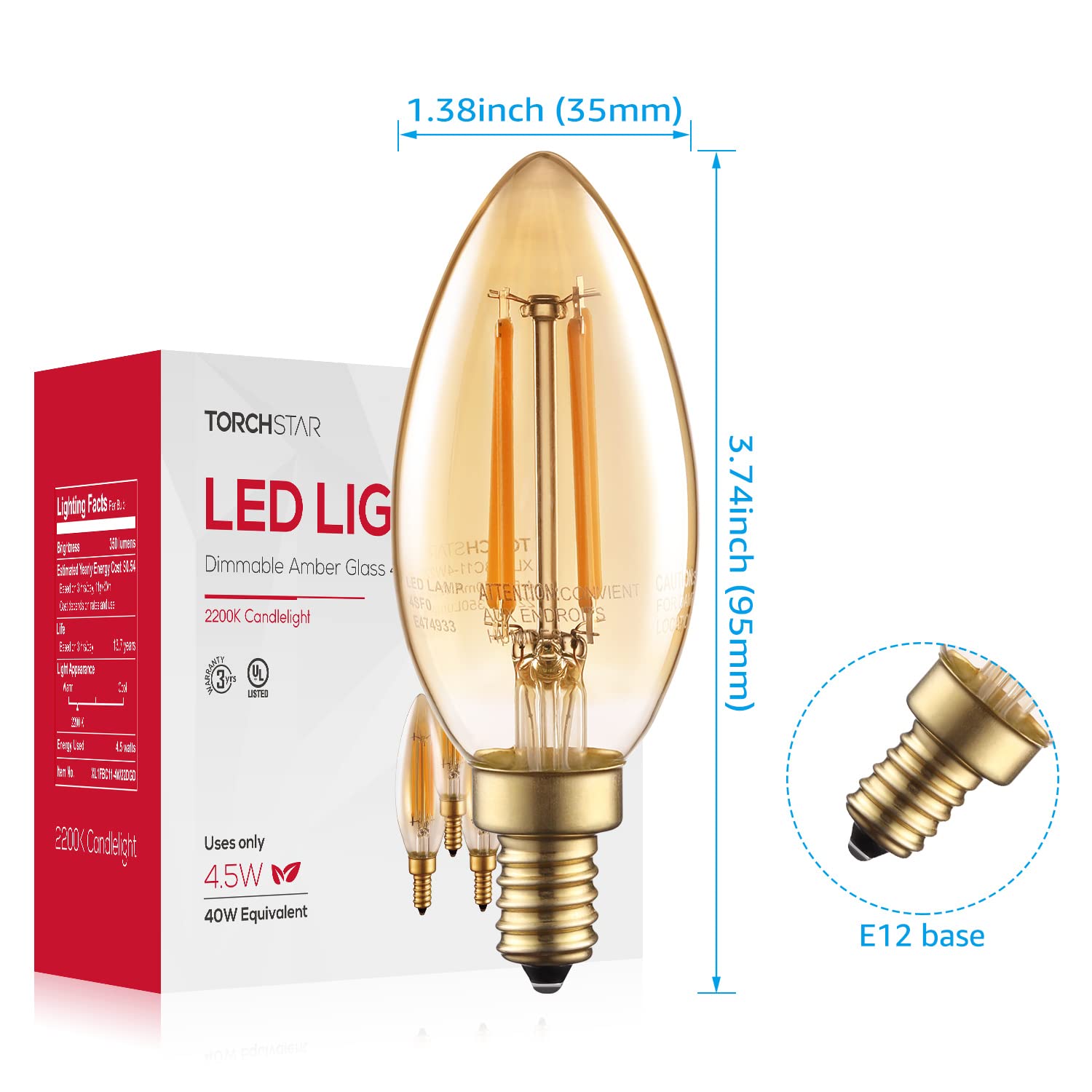 TORCHSTAR Dimmable E12 LED Candelabra Bulb, UL Listed, 40W Equivalent Chandelier Light Bulbs, 350lm, LED Filament Candle Bulb C11, Amber Glass Ceiling Fan Light Bulbs, 2200K Amber Warm, Pack of 6