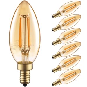 torchstar dimmable e12 led candelabra bulb, ul listed, 40w equivalent chandelier light bulbs, 350lm, led filament candle bulb c11, amber glass ceiling fan light bulbs, 2200k amber warm, pack of 6