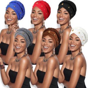 SATINIOR 6 Pieces Women African Turban Caps Twisted Braid Beaded Head Wraps Bonnet Beanie Headscarf Solid Color Elastic Wrap Cap for Women