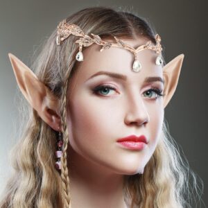 Hicarer Fairy Crown Pixie Elf Ears Cosplay Set Rhinestone Leaf Tiara Elf Ears Cuffs for Renaissance Medieval Halloween(Classic)