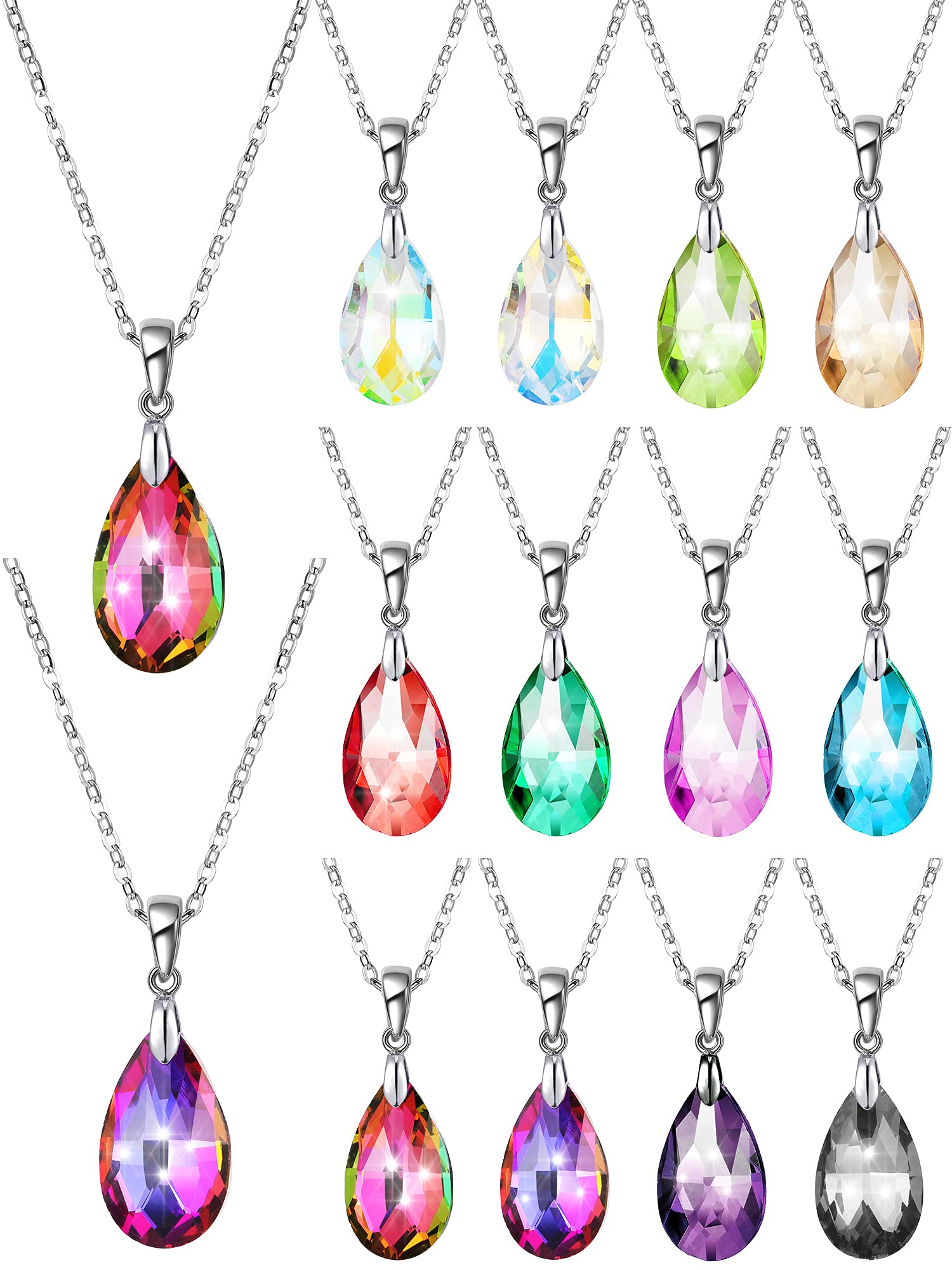 Hicarer 12 Pieces Teardrop Crystal Necklace Cubic Zirconia Pendant Necklace Jewelry for Women(Classic Style)