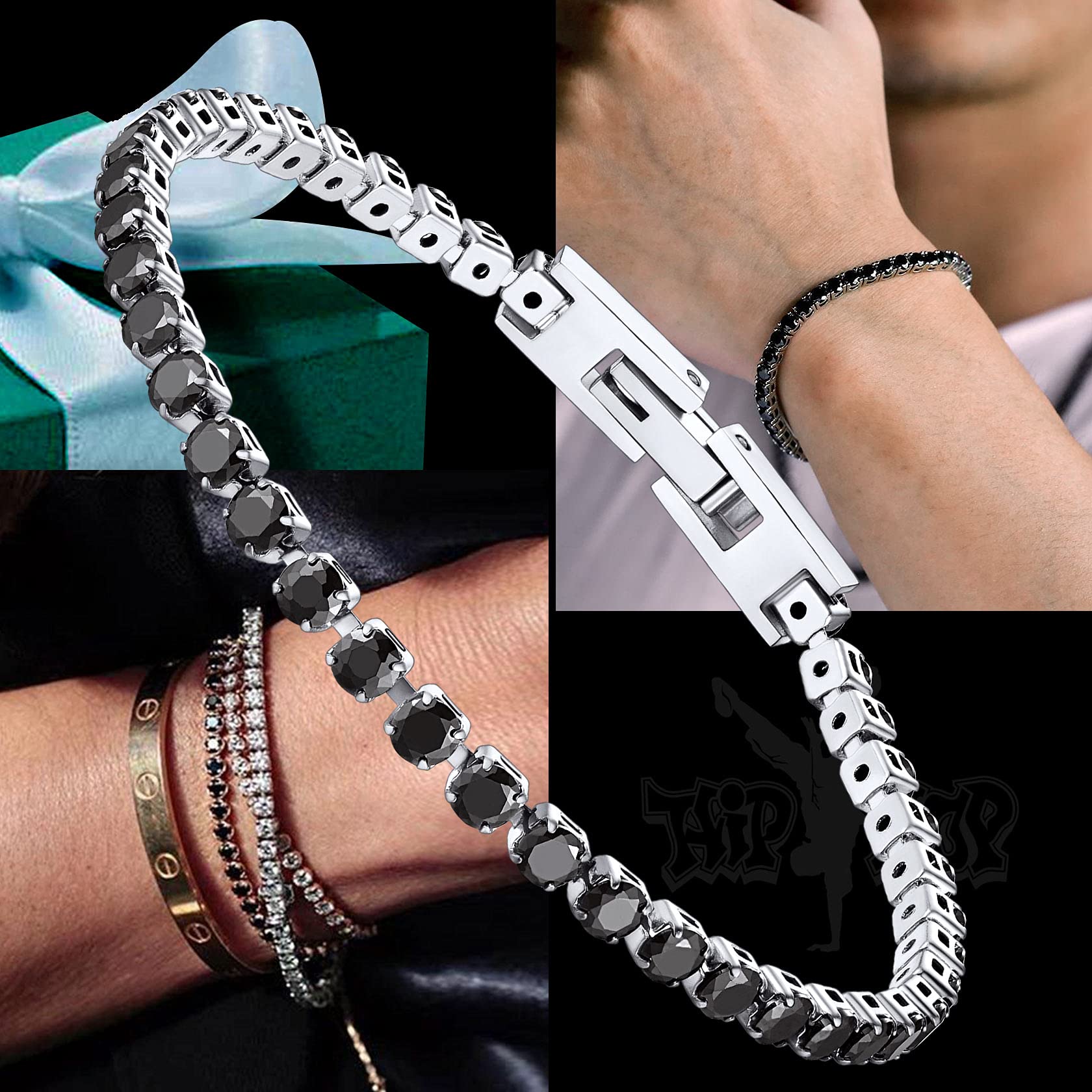 ChainsHouse Cubic Zirconia Classic Iced Out Tennis Bracelet |3mm Stainless Steel Diamond Link Bracelets for Men Women 7.5", Black Color