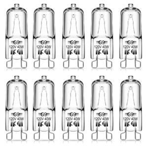 doresshop g9 halogen light bulb, 10 pack 2 pin base jc type small light bulb 120v t4 bi-pin 40w g9 dimmable long lifetime, 3000k warm white for halogen house hold light bulb,pendants, cabinet lights