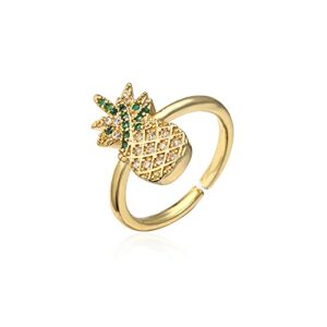 Cute Pineapple Cubic Zirconia Statement Rings for Women Girls Teen Thin Band Stacking Finger Expandable Open Adjustable Size Gold Plated Elegant Sparkly Dainty Fashion Fruit Jewelry Wedding Promise