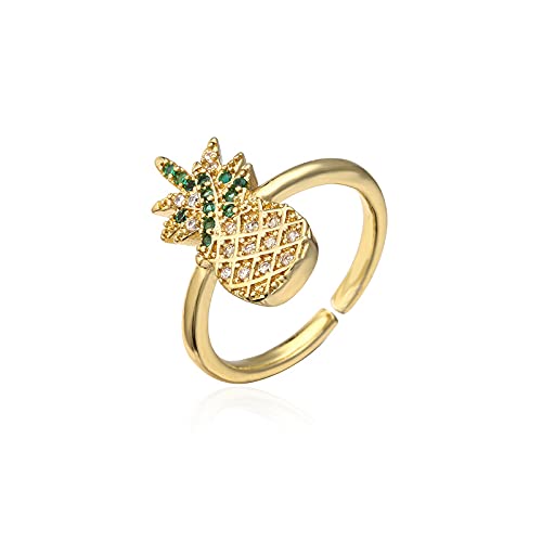 Cute Pineapple Cubic Zirconia Statement Rings for Women Girls Teen Thin Band Stacking Finger Expandable Open Adjustable Size Gold Plated Elegant Sparkly Dainty Fashion Fruit Jewelry Wedding Promise