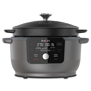 instant electric round dutch oven, 6-quart 1500w, from the makers of instant pot, 5-in-1: braise, slow cook, sear/sauté, cooking pan, food warmer, enameled cast iron, included recipe book, black