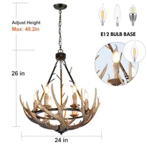 Debemenes Rustic Antler Chandelier 6 Lights, Farmhouse Chandeliers with Resin 6 Antlers and Retro Metal Wagon Wheel Chandelier Vintage Style for Dining Room, Kitchen, Island, Living Room UL Listed