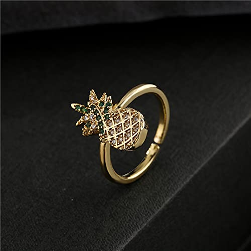 Cute Pineapple Cubic Zirconia Statement Rings for Women Girls Teen Thin Band Stacking Finger Expandable Open Adjustable Size Gold Plated Elegant Sparkly Dainty Fashion Fruit Jewelry Wedding Promise