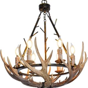 Debemenes Rustic Antler Chandelier 6 Lights, Farmhouse Chandeliers with Resin 6 Antlers and Retro Metal Wagon Wheel Chandelier Vintage Style for Dining Room, Kitchen, Island, Living Room UL Listed