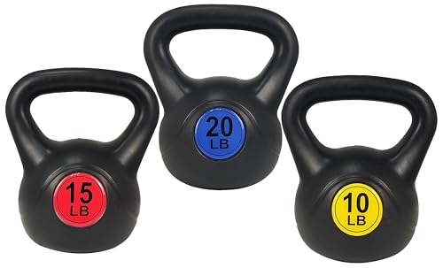 Signature Fitness Wide Grip Kettlebell Exercise Fitness Weight, Set of 3, Includes 10 lbs, 15 lbs, 20 lbs, Multicolor