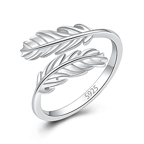 Hioed 925 Sterling Silver Feather Inspirational Jewelry Ring Adjustable Dainty Wrap Open Rings for Women