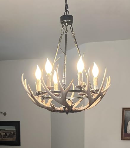 Debemenes Rustic Antler Chandelier 6 Lights, Farmhouse Chandeliers with Resin 6 Antlers and Retro Metal Wagon Wheel Chandelier Vintage Style for Dining Room, Kitchen, Island, Living Room UL Listed