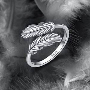 Hioed 925 Sterling Silver Feather Inspirational Jewelry Ring Adjustable Dainty Wrap Open Rings for Women