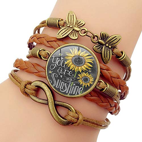 Sunflower Leather Bracelets Boho Handmade Braided Rope Charms Sunflower Bracelet Multi Strand Bracelet Bohemian Leather Wrap Bracelets Gifts-Brown