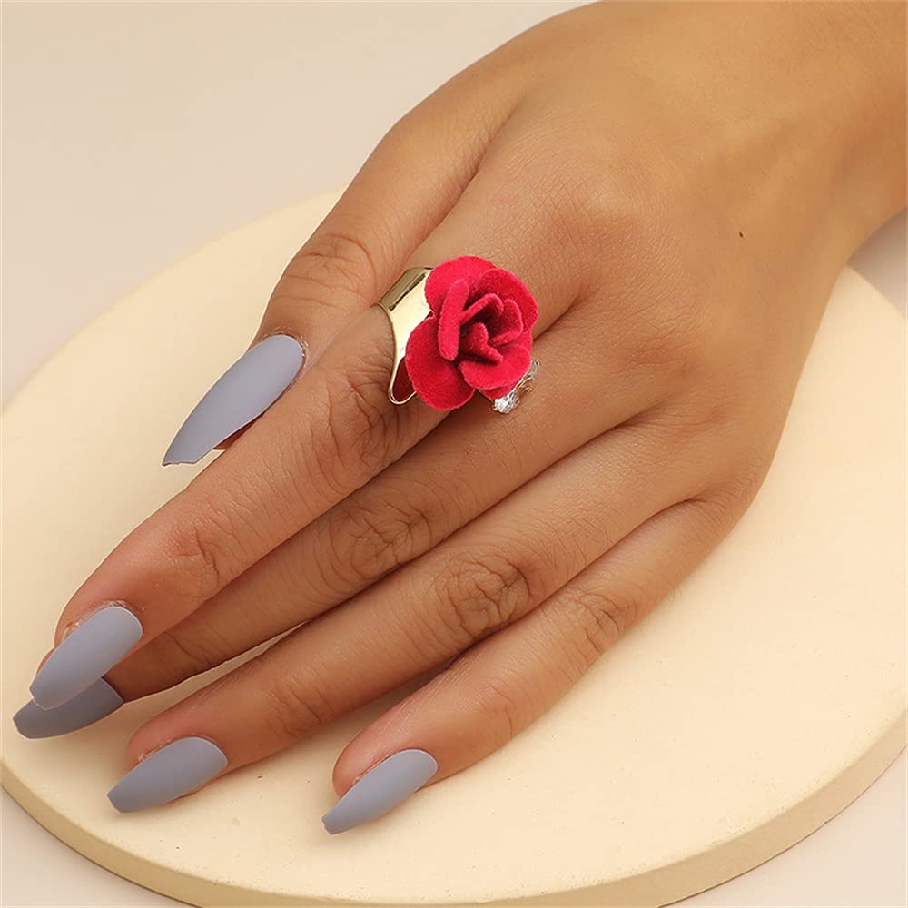 Dtja CZ Flower Wedding Ring for Women Statement Engagement Round Rhinstone Suede Rose Adjustable Open Band Finger Rings Comfort Fit Cocktail Party Vintage Y2K Jewelry Gift (Red)