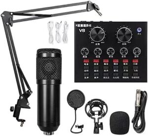 n-s podcast equipment bundle condenser microphone kit with two live sound card,adjustable mic suspension scissor arm, metal shock mount and double-layer pop filter for studio recording & broadcasting