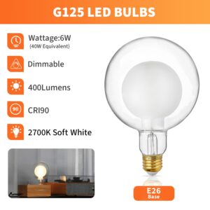 ALAMPEVER Large Globe LED Light Bulbs, Decorative Dimmable LED with 6W Equivalent to 40W Light Bulbs, 2700K Soft White, E26 Base,400LM,CRI90,G125,Frosted