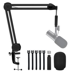 boseen boom mic arm stand for shure sm7b with sm7b pop filter, upgraded adjustable suspension scissor mic stand desk mount with extension tube for video, podcast, gaming