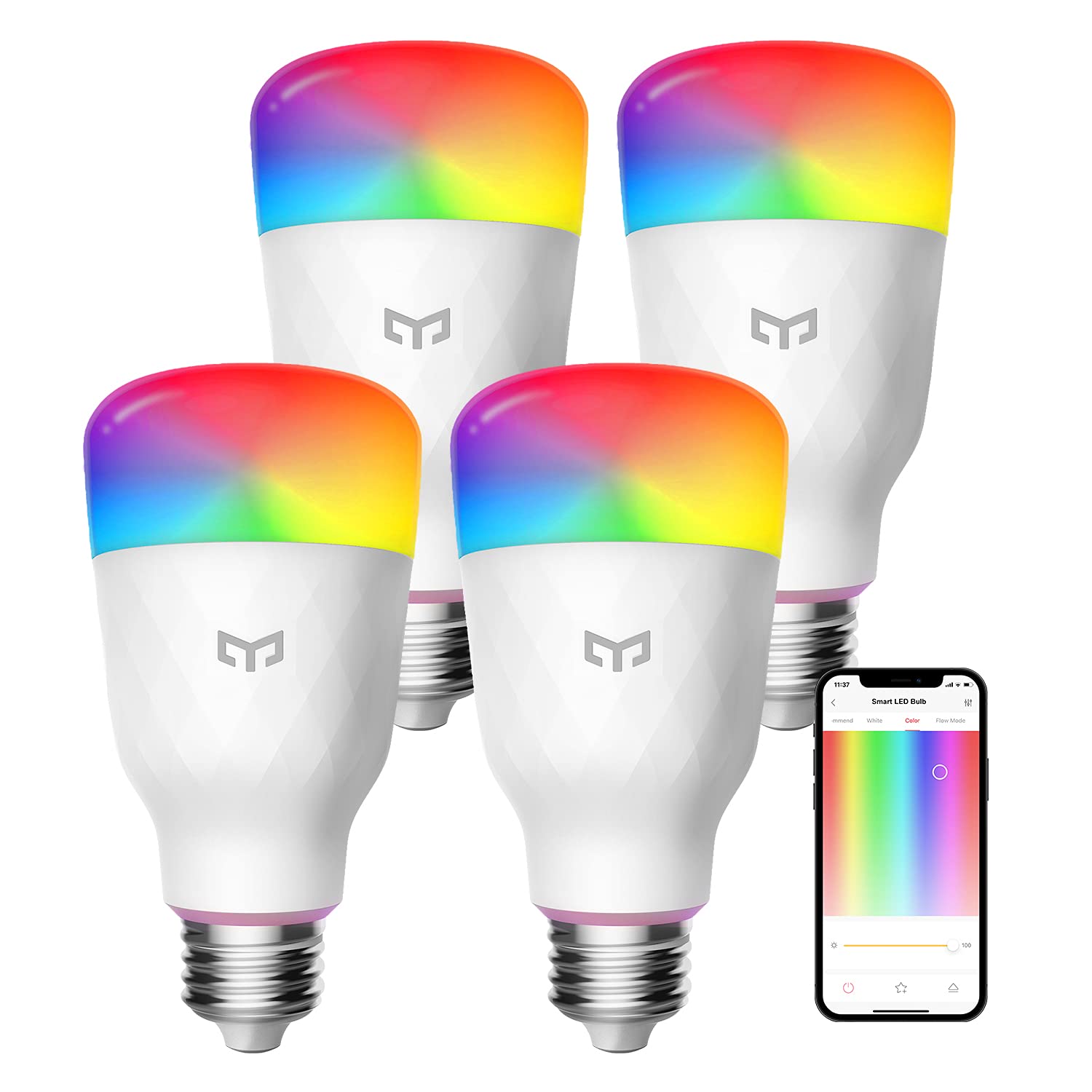 YEELIGHT Smart LED Light Bulbs 60W Equivalent, Smart LED Bulbs A19 Dimmable Smart Bulbs Work with Alexa & Google Home Razer Chroma, RGBW Color Changing Light Bulbs, 8W 900LM, 4 Pack