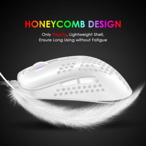 LexonElec Mini Ultralight Wired Gaming Mouse,4 Kinds RGB Backlit,2400DPI 4 Levels Adjustable,Lightweight Honeycomb Shell Mice for PC Gamers,Xbox,PS4(White)