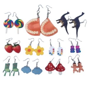 11 pairs funny gummy bear mushroom strawberry dangle earrings set dainty cloud dinosaur flower fruit duck ice cream earrings for women jewelry(a)