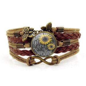 Sunflower Leather Bracelets Boho Handmade Braided Rope Charms Sunflower Bracelet Multi Strand Bracelet Bohemian Leather Wrap Bracelets Gifts-Brown