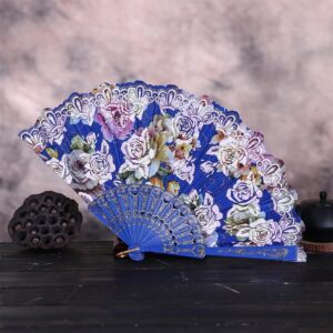 DUO ER Chinese Style Dance Wedding Party Lace Silk Folding Hand Held Flower Fan Home Decoration Vintage Fans (Color : Sky Blue)