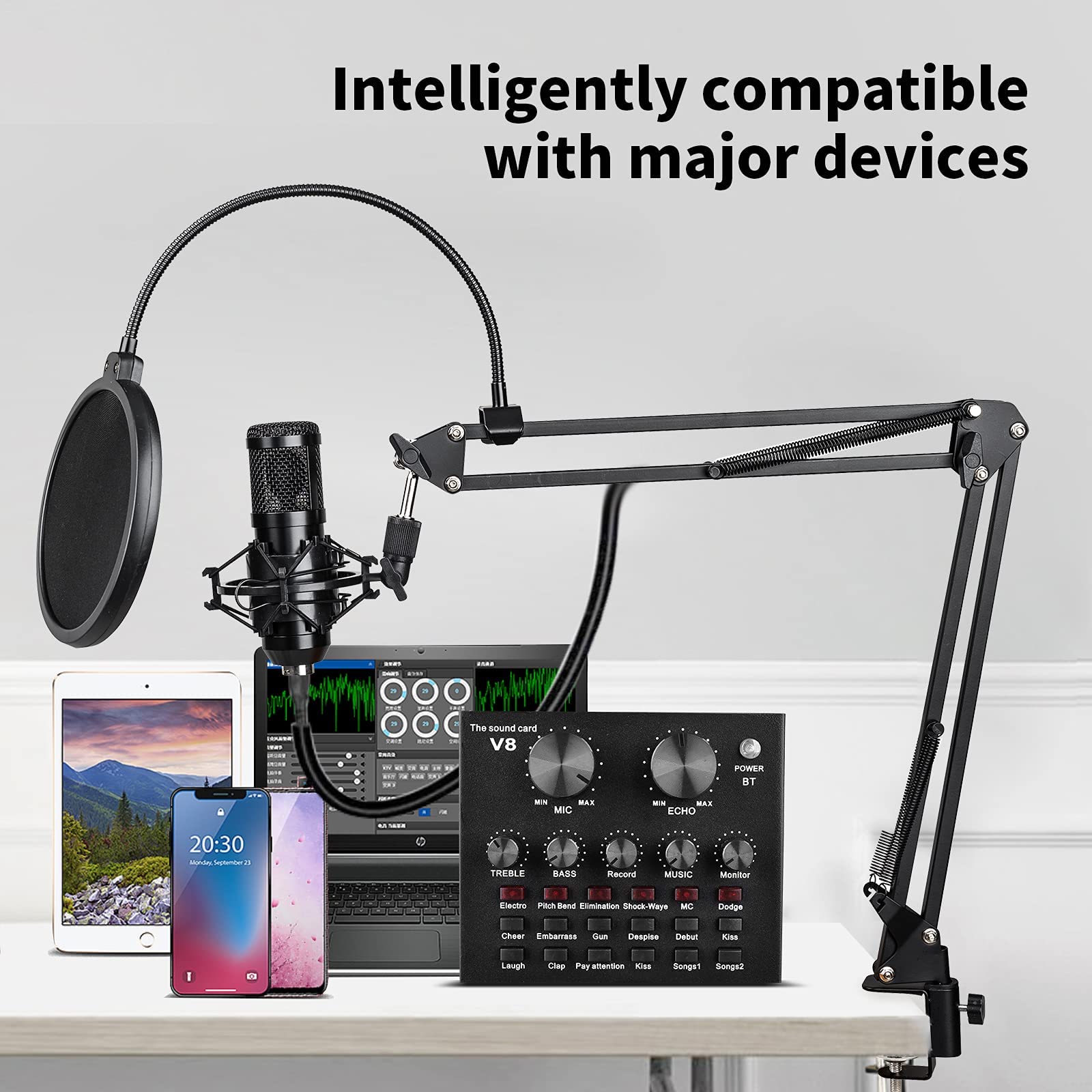 N-S Podcast Equipment Bundle Condenser Microphone Kit with Two Live Sound Card,Adjustable Mic Suspension Scissor Arm, Metal Shock Mount and Double-Layer Pop Filter for Studio Recording & Broadcasting