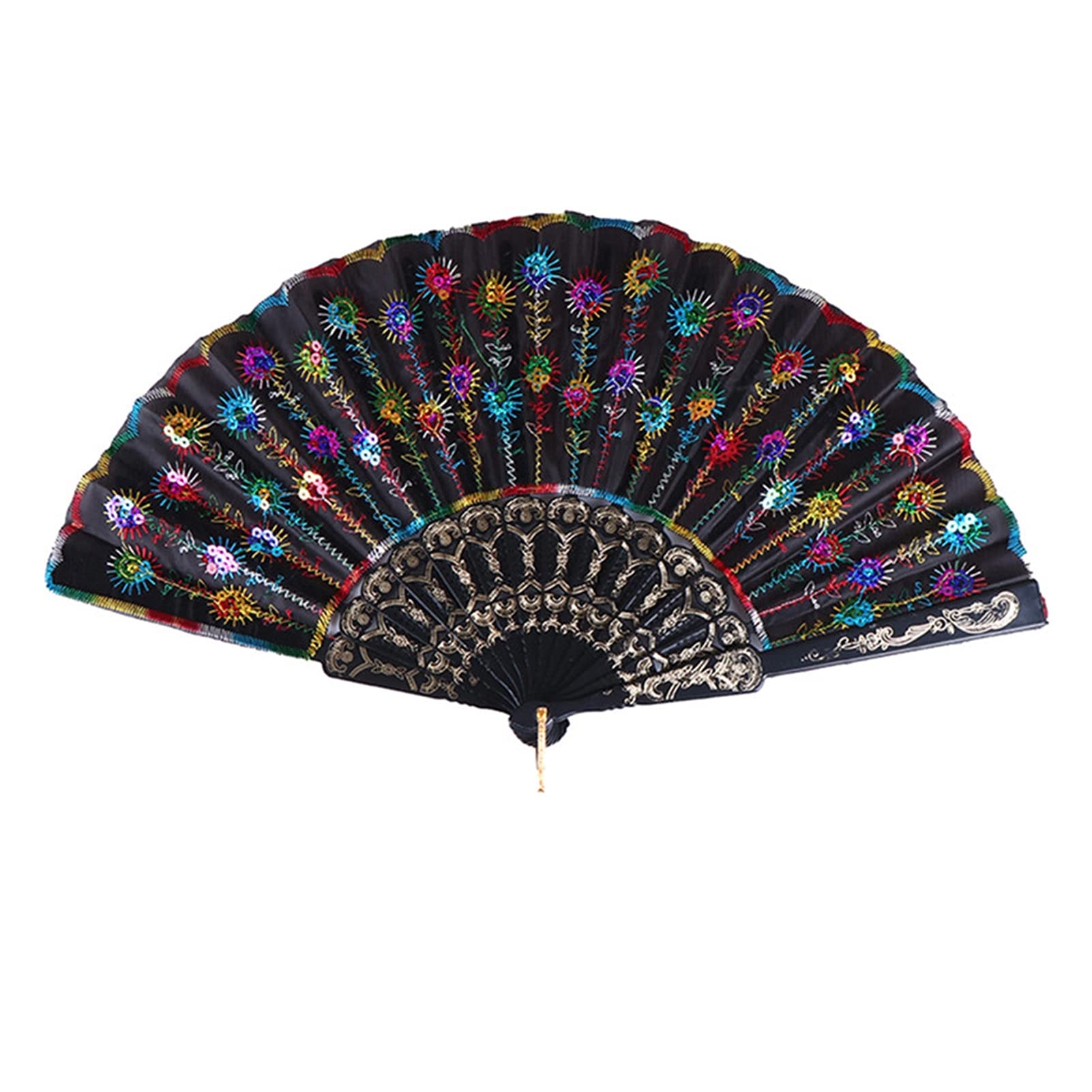 Fan Rainbow Color Christmas Dance Fan Pattern Folding Hand held Embroidered Sequin Gift Fan Hand Fan (Color : E, Fan Size : 9.5 inches)