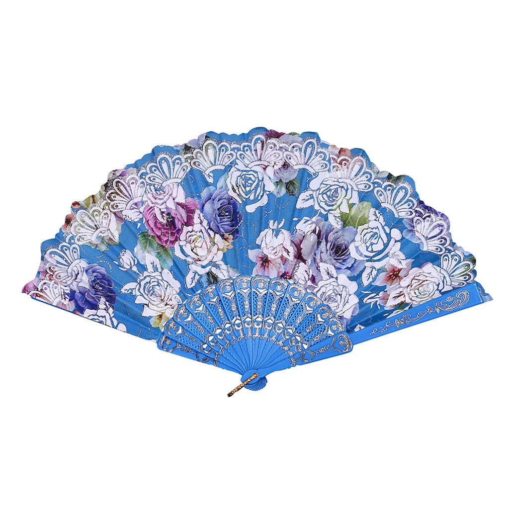 DUO ER Chinese Style Dance Wedding Party Lace Silk Folding Hand Held Flower Fan Home Decoration Vintage Fans (Color : Sky Blue)