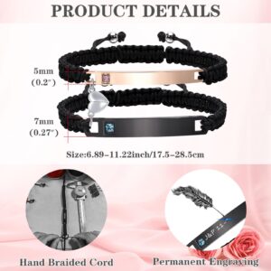 Personalized Custom His and Hers Handmade Rope Braided Nameplate ID Matching Couple Bracelets for Lover (Black-rosegolden-black 5-7mm couple customize-heart)