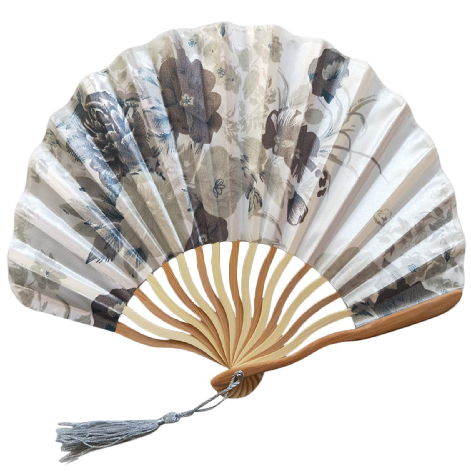 GJHL Fan Classic Style Flower Fabric Bamboo Folding Dance Hand Fan Beige Summer Vintage Bamboo Folding Hand Held Fan Chinese Dance New Hand Fan (Color : K)