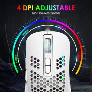 LexonElec Mini Ultralight Wired Gaming Mouse,4 Kinds RGB Backlit,2400DPI 4 Levels Adjustable,Lightweight Honeycomb Shell Mice for PC Gamers,Xbox,PS4(White)