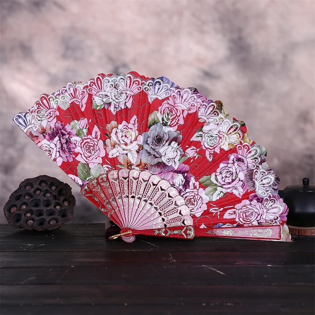 DUO ER Chinese Style Dance Wedding Party Lace Silk Folding Hand Held Flower Fan Home Decoration Vintage Fans (Color : Sky Blue)