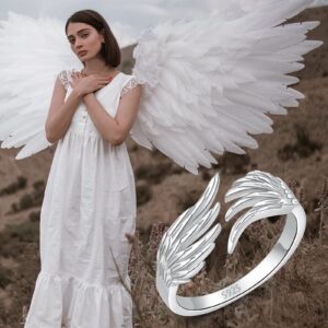 Hioed 925 Sterling Silver Feather Angel Wings Ring Adjustable Dainty Wrap Open Rings for Women